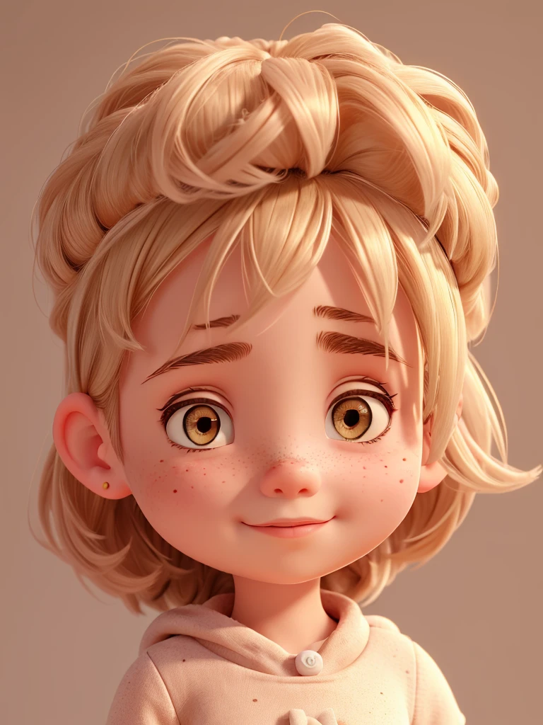 Girl round head and a little childish very effeminate freckle and elegant beige clothing