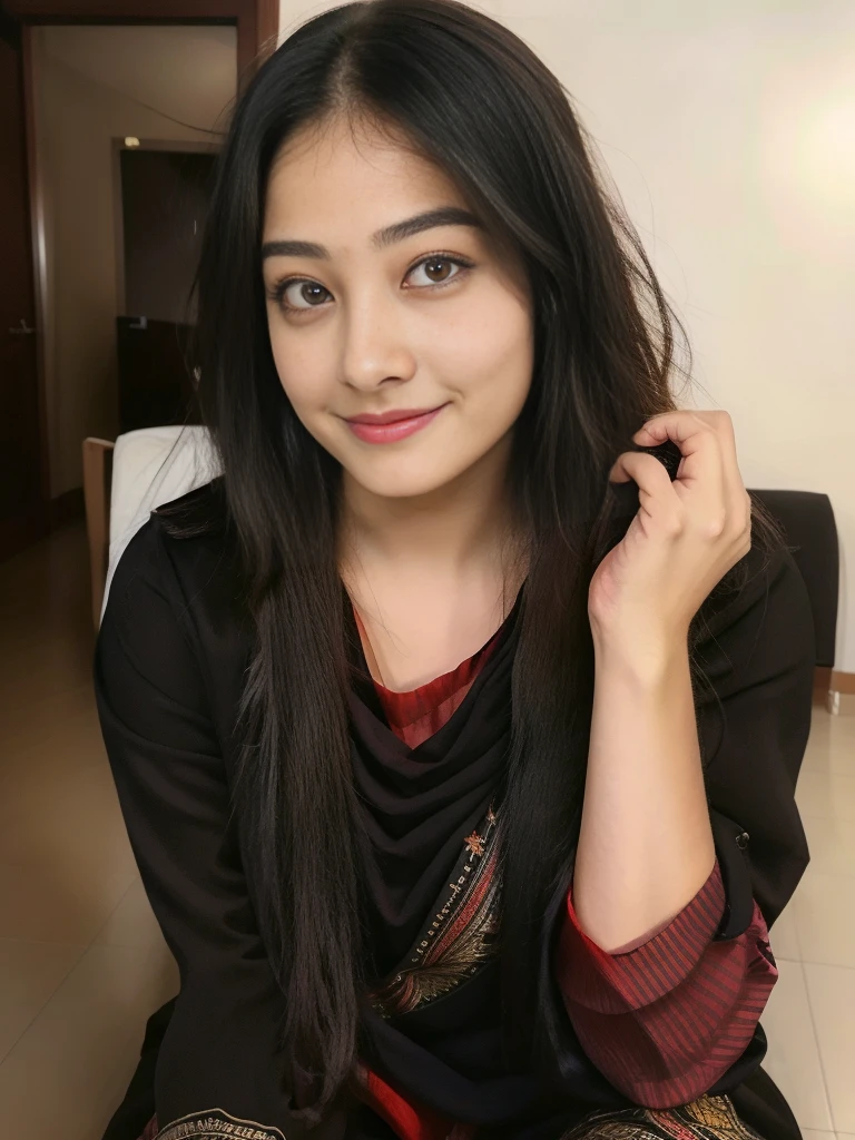 Lovely cute young attractive teenage girl, city girl, 18 years old, cute, an Instagram model, long black_hair, colorful hair one side, shy smile, black red salwar kameez