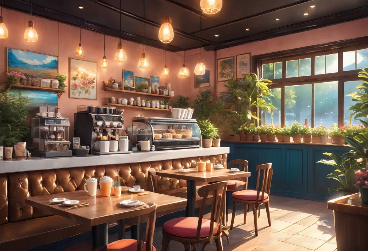 Anime-style, the interior of a coffee shop is illustrated with intricate details and vibrant colors. Delicate steam rises from the hot cappuccino coffee on the table, seats are with soft and colorful cushions, a lot of potted plants, adding to the cozy and inviting atmosphere. Soft lighting casts a warm and beautiful glow over the dreamy scene, it's evening time, making it an ideal place to unwind and escape reality. (Prompt B and C) Anime-style coffee shop interior, hot coffee steaming on the table, creating a cozy, beautiful and dreamy ambiance. (High resolution, 8k) Super detailed anime illustration of a coffee shop interior, showcasing a hot cup of coffee on a table, evoking a warm and cozy