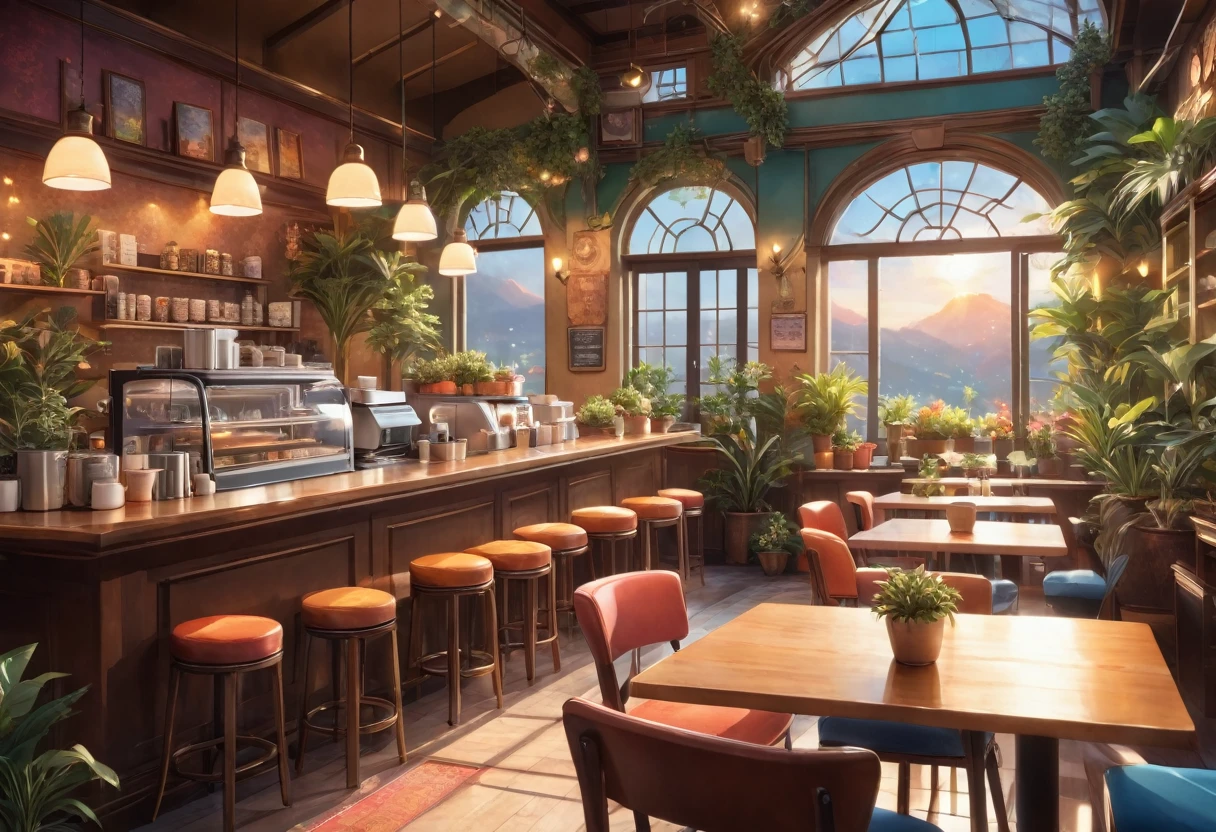 Anime-style, the interior of a coffee shop is illustrated with intricate details and vibrant colors. Delicate steam rises from the hot cappuccino coffee on the table, seats are with soft and colorful cushions, a lot of potted plants, adding to the cozy and inviting atmosphere. Soft lighting casts a warm and beautiful glow over the dreamy scene, it's evening time, making it an ideal place to unwind and escape reality. (Prompt B and C) Anime-style coffee shop interior, hot coffee steaming on the table, creating a cozy, beautiful and dreamy ambiance. (High resolution, 8k) Super detailed anime illustration of a coffee shop interior, showcasing a hot cup of coffee on a table, evoking a warm and cozy