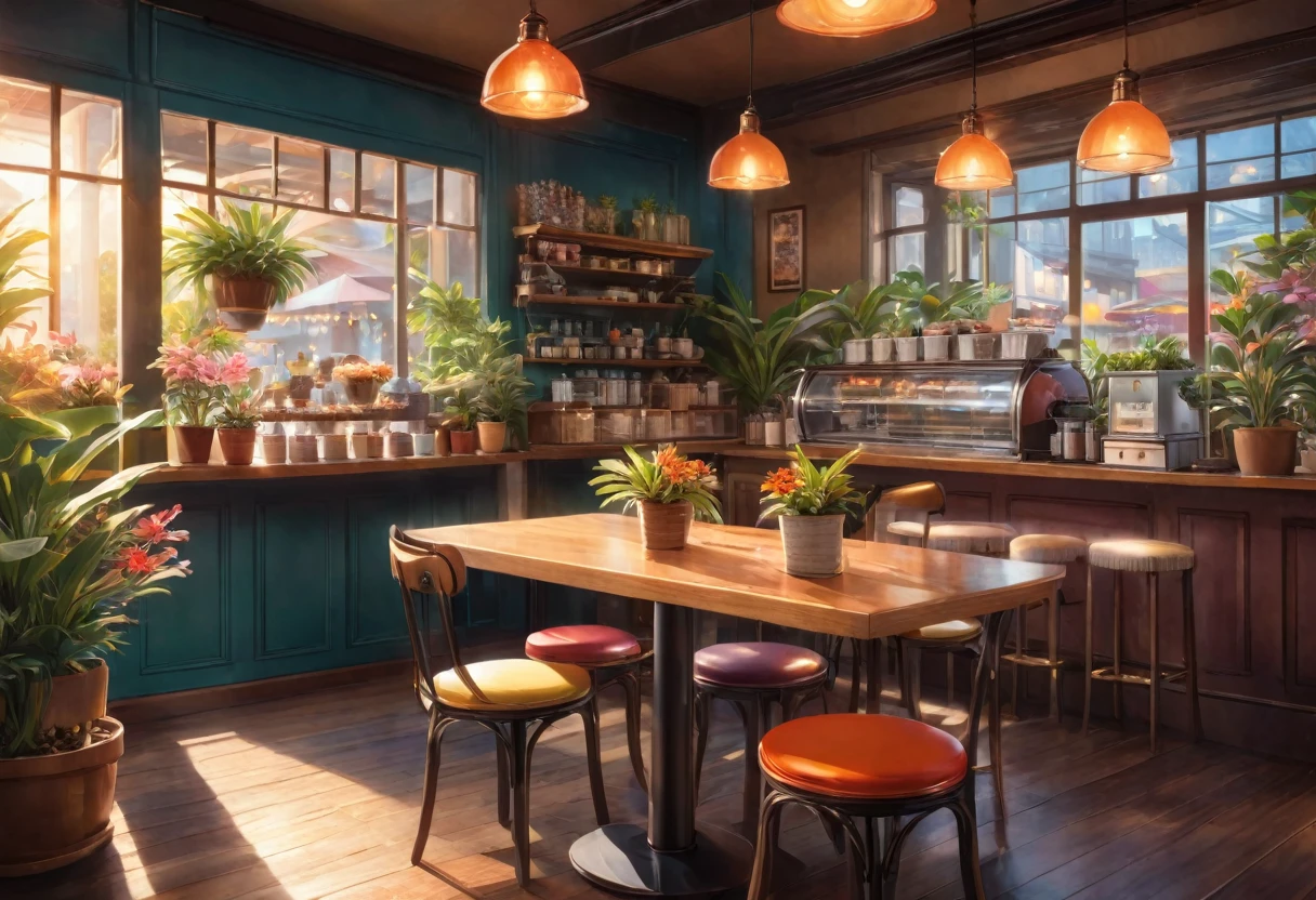 Anime-style, the interior of a coffee shop is illustrated with intricate details and vibrant colors. Delicate steam rises from the hot cappuccino coffee on the table, seats are with soft and colorful cushions, a lot of potted plants, adding to the cozy and inviting atmosphere. Soft lighting casts a warm and beautiful glow over the dreamy scene, it's evening time, making it an ideal place to unwind and escape reality. (Prompt B and C) Anime-style coffee shop interior, hot coffee steaming on the table, creating a cozy, beautiful and dreamy ambiance. (High resolution, 8k) Super detailed anime illustration of a coffee shop interior, showcasing a hot cup of coffee on a table, evoking a warm and cozy