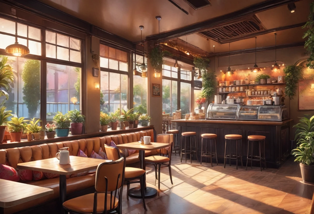 Anime-style, the interior of a coffee shop is illustrated with intricate details and vibrant colors. Delicate steam rises from the hot cappuccino coffee on the table, seats are with soft and colorful cushions, a lot of potted plants, adding to the cozy and inviting atmosphere. Soft lighting casts a warm and beautiful glow over the dreamy scene, it's evening time, making it an ideal place to unwind and escape reality. (Prompt B and C) Anime-style coffee shop interior, hot coffee steaming on the table, creating a cozy, beautiful and dreamy ambiance. (High resolution, 8k) Super detailed anime illustration of a coffee shop interior, showcasing a hot cup of coffee on a table, evoking a warm and cozy