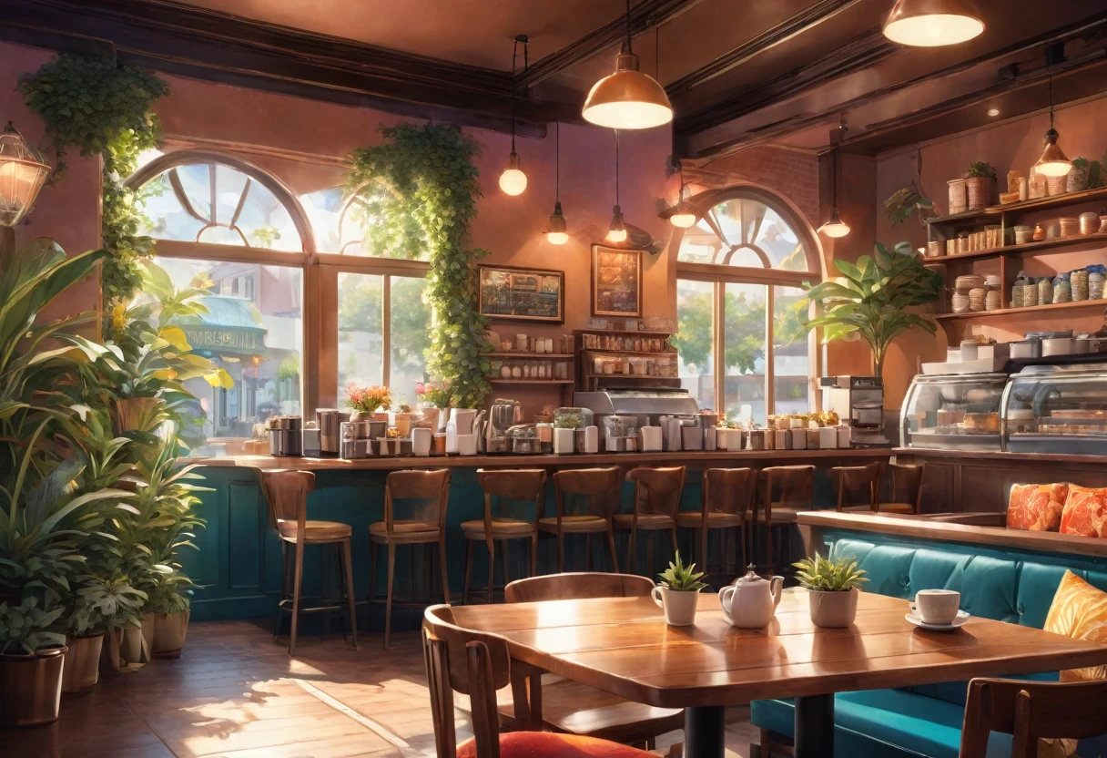 Anime-style, the interior of a coffee shop is illustrated with intricate details and vibrant colors. Delicate steam rises from the hot cappuccino coffee on the table, seats are with soft and colorful cushions, a lot of potted plants, adding to the cozy and inviting atmosphere. Soft lighting casts a warm and beautiful glow over the dreamy scene, it's evening time, making it an ideal place to unwind and escape reality. (Prompt B and C) Anime-style coffee shop interior, hot coffee steaming on the table, creating a cozy, beautiful and dreamy ambiance. (High resolution, 8k) Super detailed anime illustration of a coffee shop interior, showcasing a hot cup of coffee on a table, evoking a warm and cozy