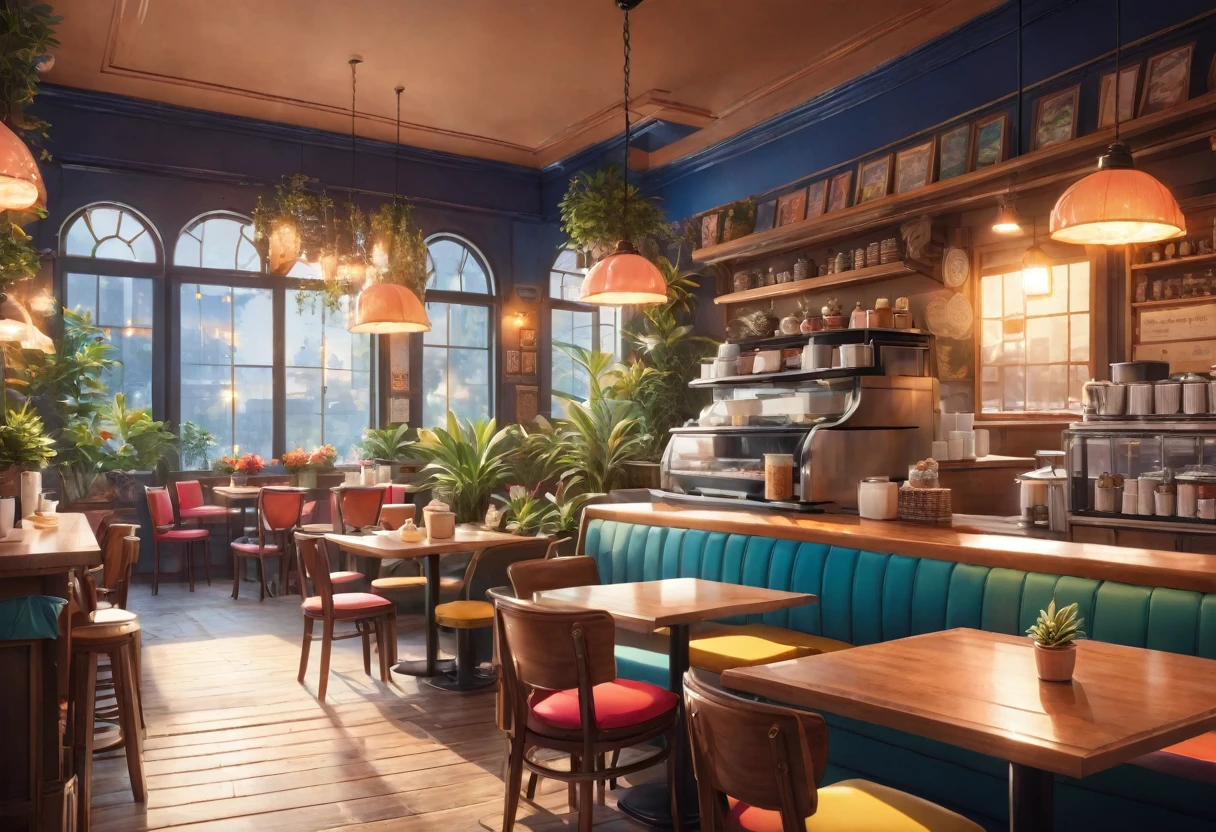 Anime-style, the interior of a coffee shop is illustrated with intricate details and vibrant colors. Delicate steam rises from the hot cappuccino coffee on the table, seats are with soft and colorful cushions, a lot of potted plants, adding to the cozy and inviting atmosphere. Soft lighting casts a warm and beautiful glow over the dreamy scene, it's evening time, making it an ideal place to unwind and escape reality. (Prompt B and C) Anime-style coffee shop interior, hot coffee steaming on the table, creating a cozy, beautiful and dreamy ambiance. (High resolution, 8k) Super detailed anime illustration of a coffee shop interior, showcasing a hot cup of coffee on a table, evoking a warm and cozy