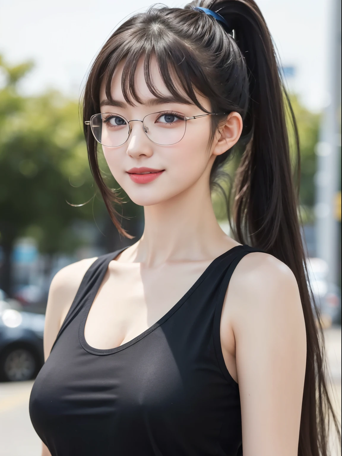 (Best quality, masterpiece, detailed), (RAW, 4k, hd images), 1 girl, , white skin, long hair, ponytail, layers hair, bangs, black hair, beautiful girl, cute girl, sweet girl, pretty girl, perfect girl, perfect body, pretty eyes, blue eyes, thin lips, (eye line, lip soft), perfect , glasses(detailed frame), outdoors, smile, sport tank top, standing facing, photo on the middle facing camera, half body, cleavage