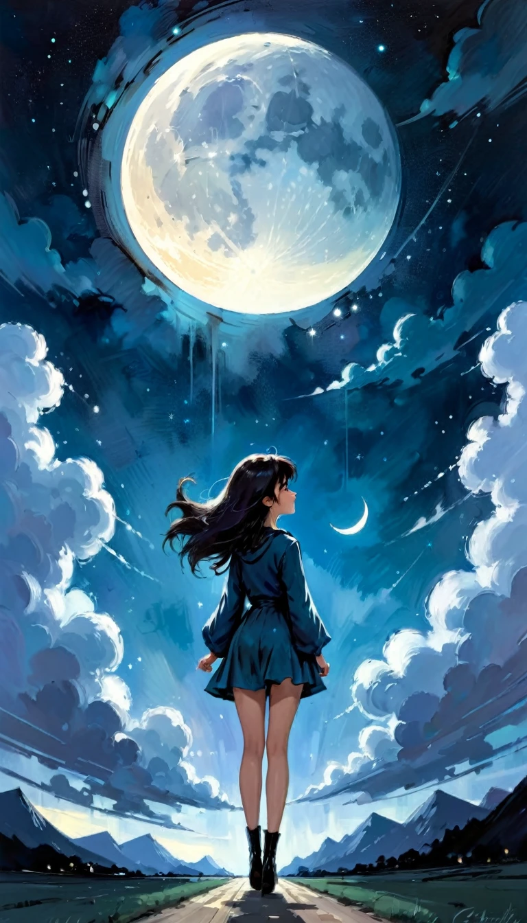 magic, fantastic, night sky, moon, stars, background, (simple oil painting in a style to Bill Sienkiewicz)
