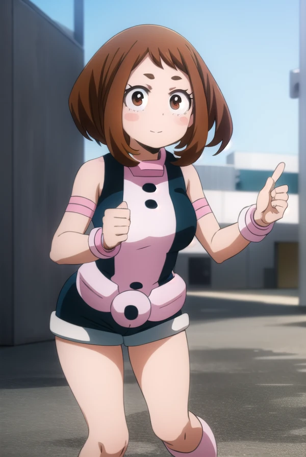 ochakouraraka, ochako uraraka, (uraraka ochako:1.5), (brown eyes:1.5), brown hair, short hair, blush, blush stickers, smile,
BREAK bare shoulders, blue shorts,white shirts ,pink pink boots,black socks,
BREAK outdoors, city,
BREAK looking at viewer,
BREAK (masterpiece:1.2), best quality, high resolution, unity 8k wallpaper, (illustration:0.8), (beautiful detailed eyes:1.6), extremely detailed face, perfect lighting, extremely detailed CG, (perfect hands, perfect anatomy),medium breast,standing_split