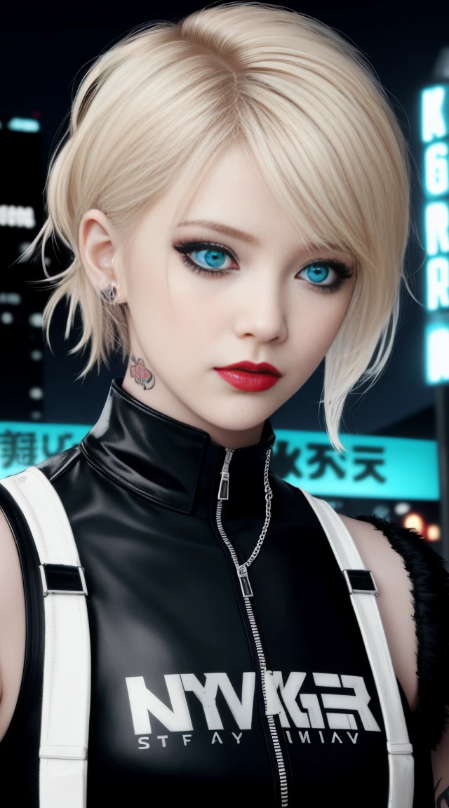 close up shot, a beautiful fashionable Russian fashionable blonde hair, tattered outfit, short, side cut hair, punk outfit, lipstick, Action movie scene, dystopian film scene from Blade Runner, natta, teeming with neon signs, Blade Runner aesthetics, crowded people, Filmkinematographie, Garbage gang, attractive person, great attention to detail, Wear weatherproof equipment, Garbage gang, Tattoos, nattalife, Full of life, Garbage gang, Action film directed by Kon Satoshi, Semi-Meal-Style, Matte painting, Atmospheric, bright, dramatic lighing, beautiful eyes, symmetric eyes, perfect eyes