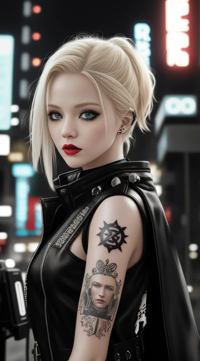 close up shot, a beautiful fashionable Russian fashionable blonde hair, tattered outfit, short, side cut hair, punk outfit, lipstick, Action movie scene, dystopian film scene from Blade Runner, natta, teeming with neon signs, Blade Runner aesthetics, crowded people, Filmkinematographie, Garbage gang, attractive person, great attention to detail, Wear weatherproof equipment,  Garbage gang, Tattoos, nattalife, Full of life, Garbage gang, Action film directed by Kon Satoshi, Semi-Meal-Style, Matte painting, Atmospheric, bright, dramatic lighing, beautiful eyes, symmetric eyes, perfect eyes