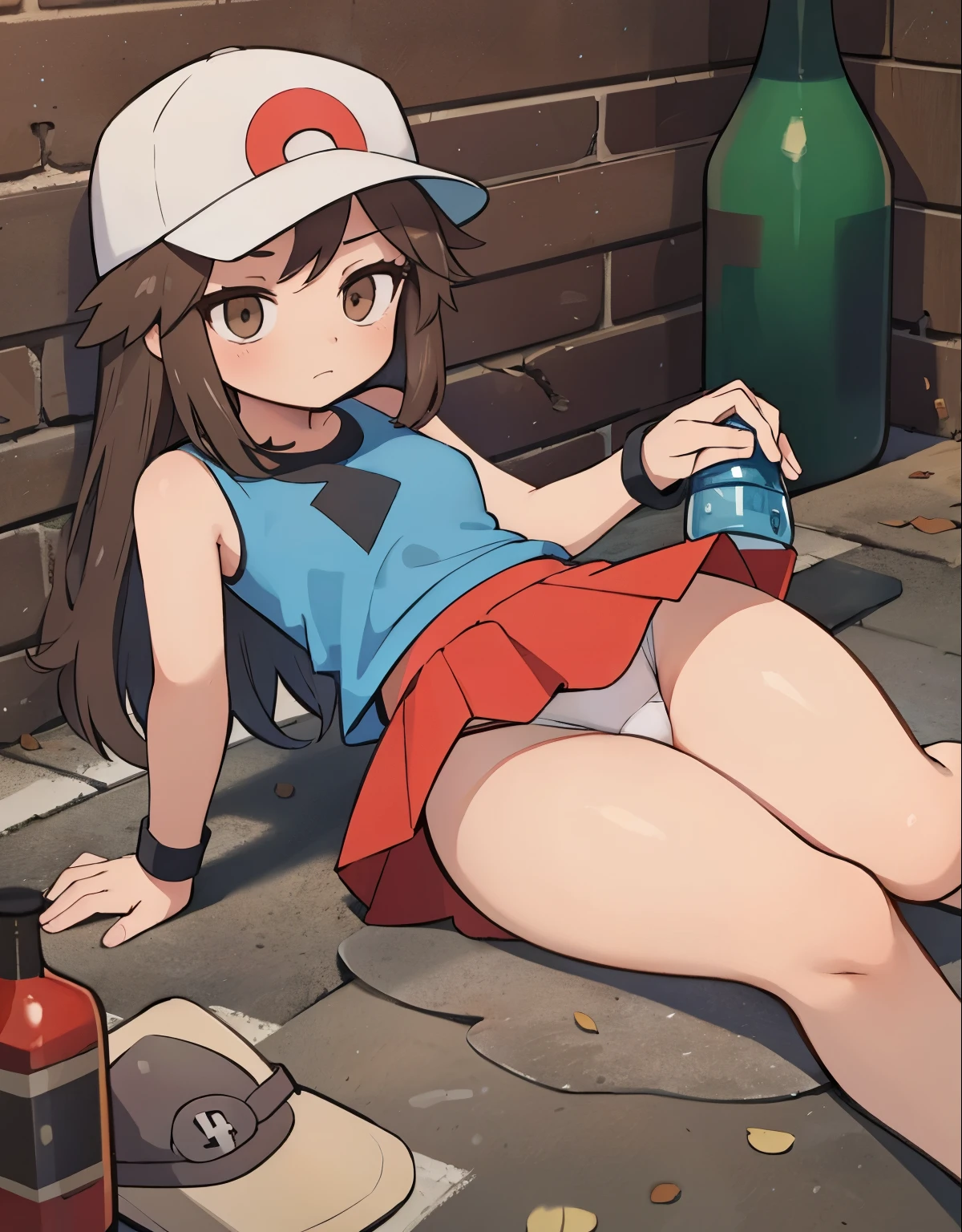 a drunk girl lying on the floor, she has a bottle in her hand, trainerleaf1, sleeveless shirt, black wristbands, visible thighs, thick thighs, white panties, red skirt,blue shirt, brown eyes, white hat, innocent look, his expression reflects drunkenness, she is in a dirty sewer