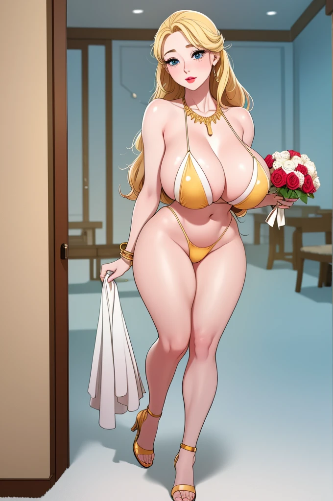 An extremely beautiful stunning busty woman, with gold blonde long silky hair, big blue eyes, extremely super bright snow white fair stunning flawless glowing lush shiny white complexion, flawless skin, a perfect tight hourglass figure, and a skinny waist, sexy thick smooth luscious legs and thighs, extremely cute smile on the face, bright pink blushes on cheeks, wearing a short sexy tight revealing skimpy white thread-bikini, yellow heels, gold necklace on the neck, gold anklets on feet, gold chain on the waist, standing straight, holding a red roses bouquet, beach in the background, show full body from head to feet.