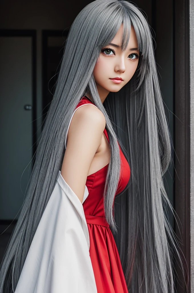 Anime style girl with long gray hair and red eyes