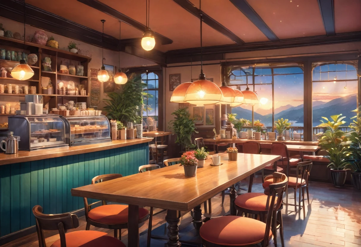 Anime-style, the interior of a coffee shop is illustrated with intricate details and vibrant colors. Delicate steam rises from the hot cappuccino coffee on the table, seats are with soft and colorful cushions, a lot of potted plants, adding to the cozy and inviting atmosphere. Soft lighting casts a warm and beautiful glow over the dreamy scene, it's evening time, making it an ideal place to unwind and escape reality. (Prompt B and C) Anime-style coffee shop interior, hot coffee steaming on the table, creating a cozy, beautiful and dreamy ambiance. (High resolution, 8k) Super detailed anime illustration of a coffee shop interior, showcasing a hot cup of coffee on a table, evoking a warm and cozy