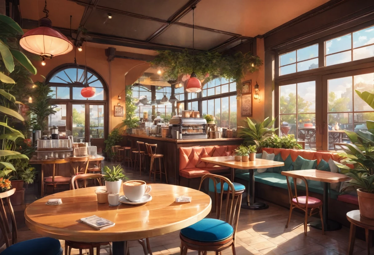 Anime-style, the interior of a coffee shop is illustrated with intricate details and vibrant colors. Delicate steam rises from the hot cappuccino coffee on the table, seats are with soft and colorful cushions, a lot of potted plants, adding to the cozy and inviting atmosphere. Soft lighting casts a warm and beautiful glow over the dreamy scene, it's evening time, making it an ideal place to unwind and escape reality. (Prompt B and C) Anime-style coffee shop interior, hot coffee steaming on the table, creating a cozy, beautiful and dreamy ambiance. (High resolution, 8k) Super detailed anime illustration of a coffee shop interior, showcasing a hot cup of coffee on a table, evoking a warm and cozy