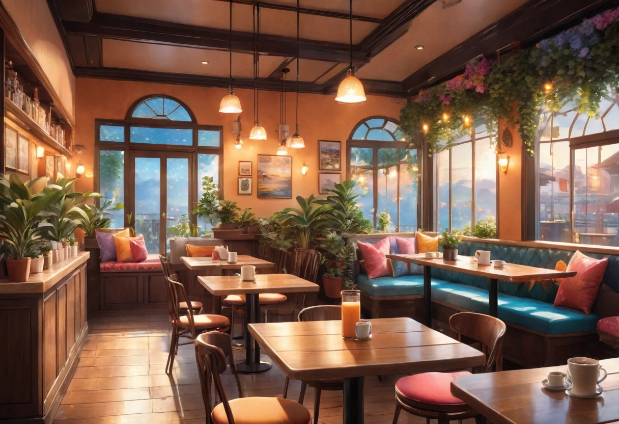 Anime-style, the interior of a coffee shop is illustrated with intricate details and vibrant colors. Delicate steam rises from the hot cappuccino coffee on the table, seats are with soft and colorful cushions, a lot of potted plants, adding to the cozy and inviting atmosphere. Soft lighting casts a warm and beautiful glow over the dreamy scene, it's evening time, making it an ideal place to unwind and escape reality. (Prompt B and C) Anime-style coffee shop interior, hot coffee steaming on the table, creating a cozy, beautiful and dreamy ambiance. (High resolution, 8k) Super detailed anime illustration of a coffee shop interior, showcasing a hot cup of coffee on a table, evoking a warm and cozy