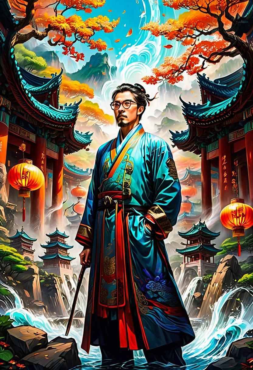 Wearing Glasses, full body, by Qi Baishi and Chen Longque and Chen Dingbo, dramatic composition, cinematic dynamic action scene, vibrant colors, cinematic lighting, dramatic lighting, best quality, masterpiece, very aesthetic, perfect composition, intricate details, ultra-detailed