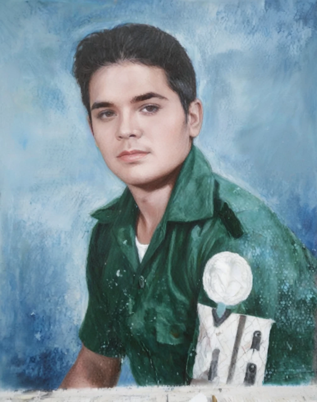 a painting of a boy in a green shirt, in uniform, healthcare worker, white uniform, in a soldier uniform, vietnam war soldier, in military uniform, luis nieves sr, nurse uniform, portrait of elvis presley, wearing a military uniform, fernando guerra, portrait of a soldier, wearing military uniform, salustiano garcia cruz, bright uniform background