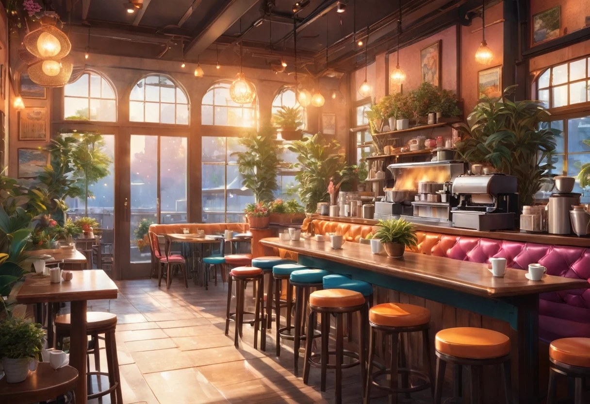Anime-style, the interior of a coffee shop is illustrated with intricate details and vibrant colors. Delicate steam rises from the hot cappuccino coffee on the table, seats are with soft and colorful cushions, a lot of potted plants, adding to the cozy and inviting atmosphere. Soft lighting casts a warm and beautiful glow over the dreamy scene, it's evening time, making it an ideal place to unwind and escape reality. (Prompt B and C) Anime-style coffee shop interior, hot coffee steaming on the table, creating a cozy, beautiful and dreamy ambiance. (High resolution, 8k) Super detailed anime illustration of a coffee shop interior, showcasing a hot cup of coffee on a table, evoking a warm and cozy