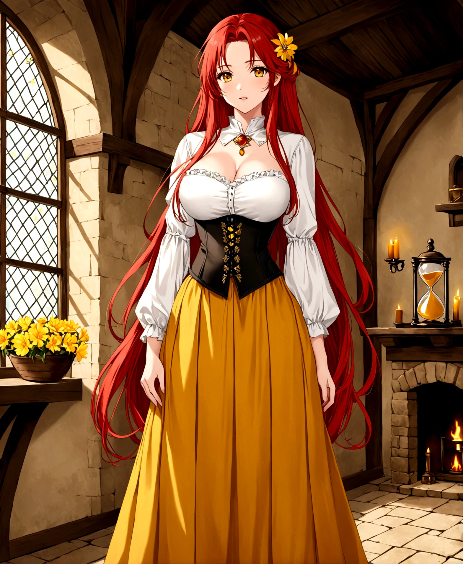 A beautiful woman, red hair, hourglass body, slender body, large breasts, medium hips, medium waist, extremely long hair, amber eyes, yellow flower brooch in hair, blouse with off-topic top pleats, corset around waist, long plain skirt, in a medieval house,
