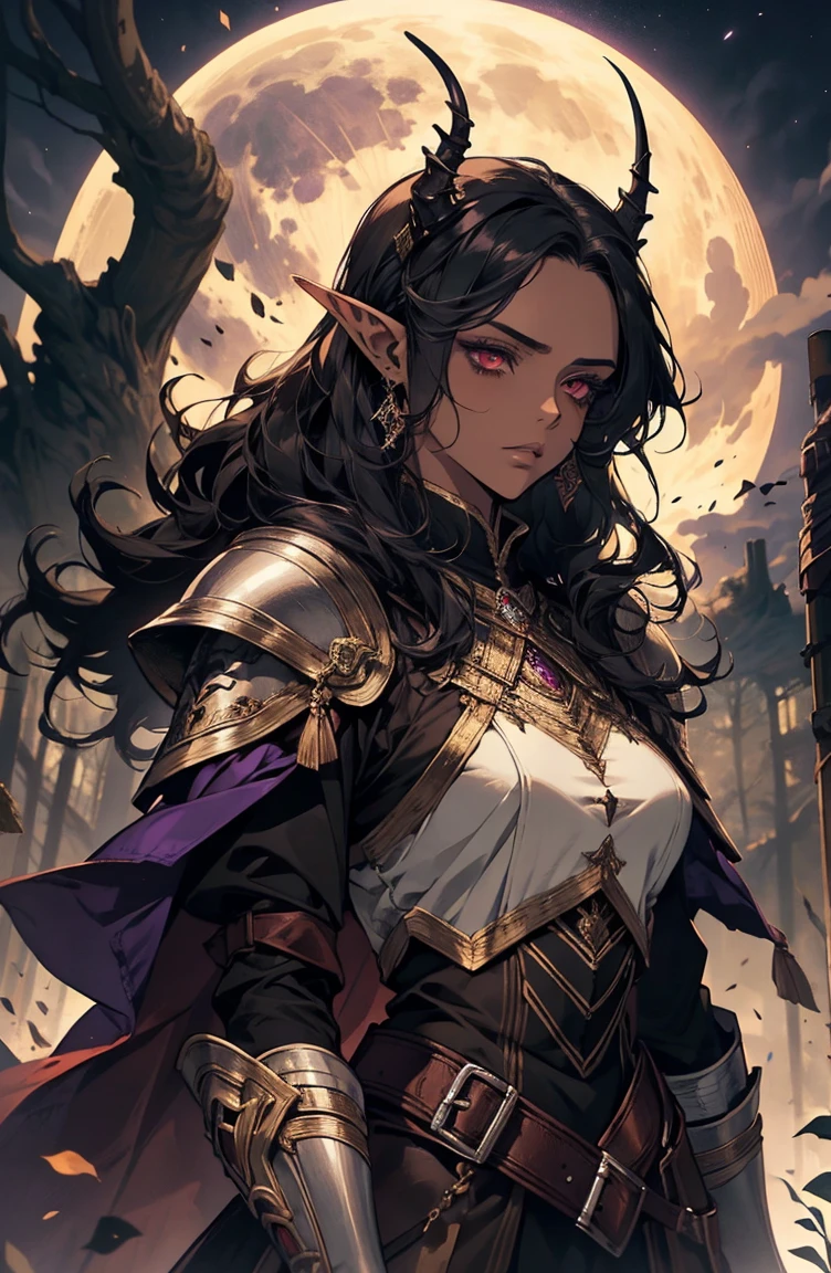 brown skin, older woman, sexy, tall, brown skin, bored, one wing, black hair, elf, elf ears, horns, red eyes, sleeveless, black armor, yellow, night, moon, purple forest, dramatic composition