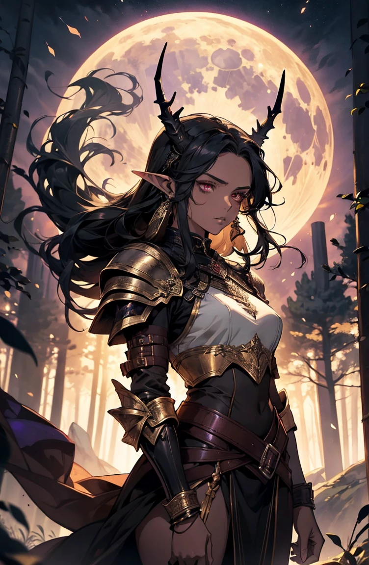 brown skin, older woman, sexy, tall, brown skin, bored, one wing, black hair, elf, elf ears, horns, red eyes, sleeveless, black armor, yellow, night, moon, purple forest, dramatic composition