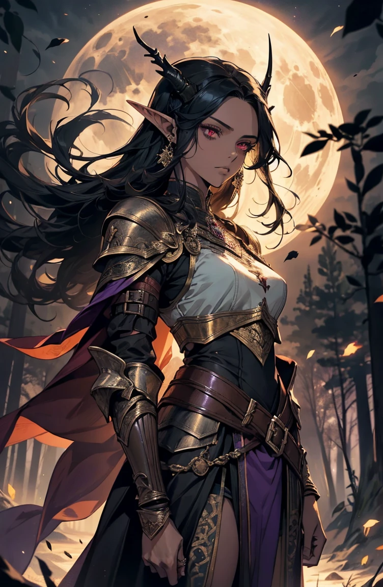 brown skin, older woman, sexy, tall, brown skin, bored, one wing, black hair, elf, elf ears, horns, red eyes, sleeveless, black armor, yellow, night, moon, purple forest, dramatic composition