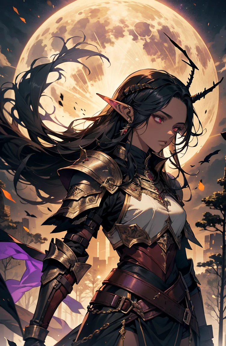 brown skin, older woman, sexy, tall, brown skin, bored, one wing, black hair, elf, elf ears, horns, red eyes, sleeveless, black armor, yellow, night, moon, purple forest, dramatic composition