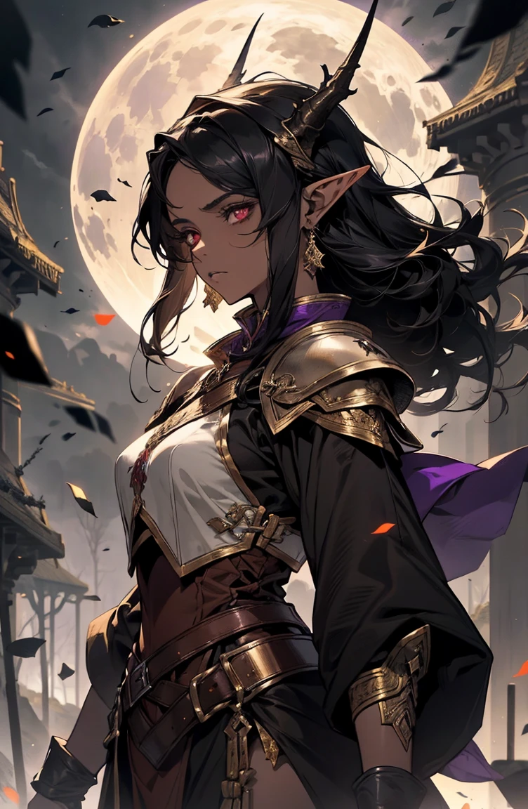 brown skin, older woman, sexy, tall, brown skin, bored, one wing, black hair, elf, elf ears, horns, red eyes, sleeveless, black armor, yellow, night, moon, purple forest, dramatic composition