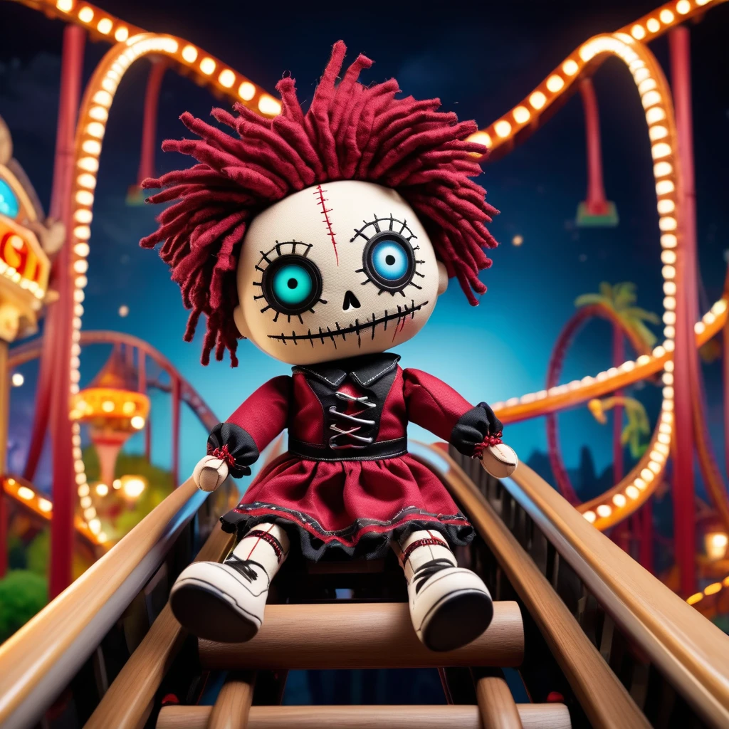 (knitted toy voodoo doll:1.5), (Voodoo on Roller Coaster:1.3), (Clothing: casual attire:1.0), (Accessories: safety bar, ticket:1.1), (background: amusement park with floating tracks, glowing lights, and thrilled riders:1.2), best quality, masterpiece, detailed soft oil painting, detailed background, dramatic cinematic lighting, soft edge lighting, professional, dramatic lighting, hard edge lighting, ultra quality, 4k,masterpiece, best quality, 8k, ultra highres, highres, extremely detailed