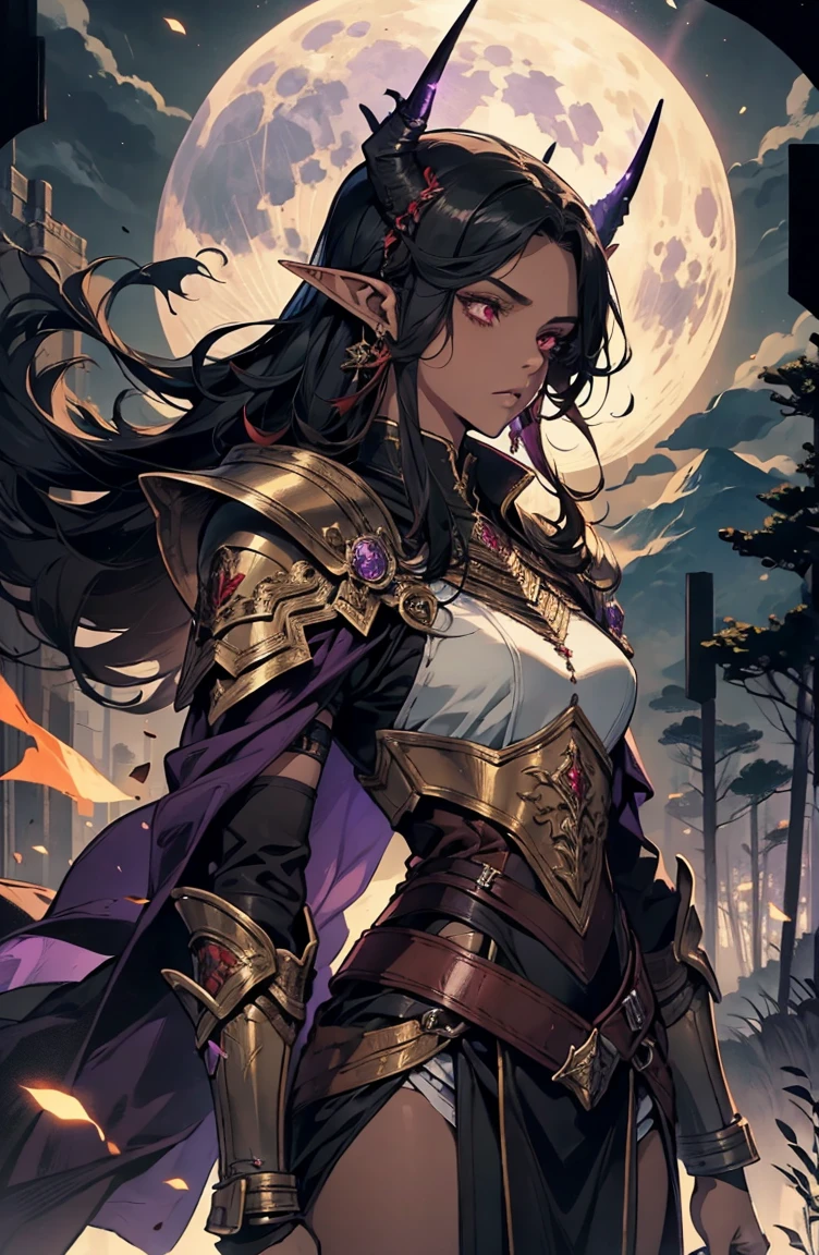 brown skin, older woman, sexy, tall, brown skin, bored, one wing, black hair, elf, elf ears, horns, red eyes, sleeveless, black armor, yellow, night, moon, purple forest, dramatic composition