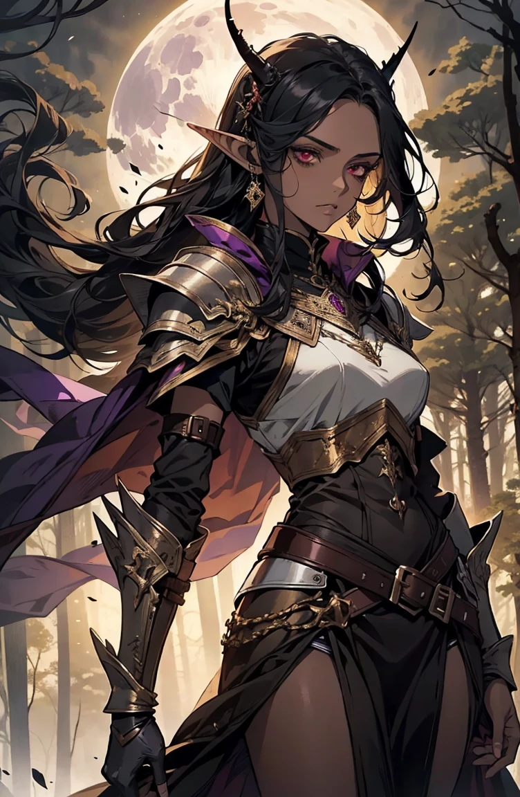 brown skin, older woman, sexy, tall, brown skin, bored, one wing, black hair, elf, elf ears, horns, red eyes, sleeveless, black armor, yellow, night, moon, purple forest, dramatic composition