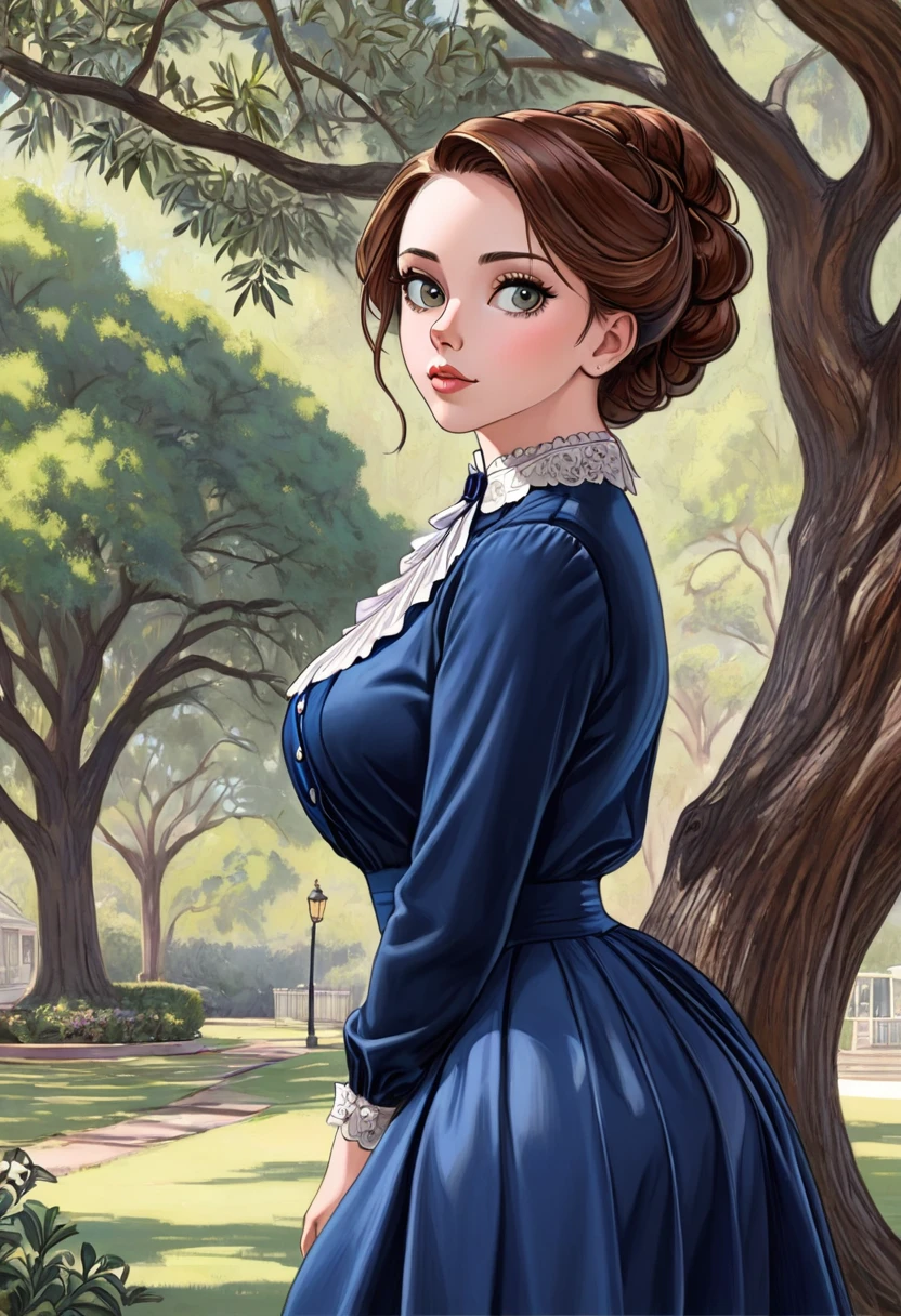 A colored pencil sketch of A beautiful Aristacrat woman with large elegant, hawk-like-nose, who embodies old fashioned class, sophistication, elgance as well as wholesome, natural beauty. curvy, thin-waist, wide-hips, swaying-hips. . Oppulent historically accurate victorian dress. mash up of Laura Vandervoort Alison Brie, Scarlett Johanson She is litting seductively under a live oak tree.