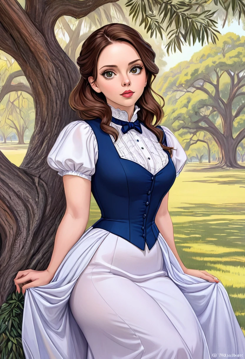 A colored pencil sketch of A beautiful Aristacrat woman with large elegant, hawk-like-nose, who embodies old fashioned class, sophistication, elgance as well as wholesome, natural beauty. curvy, thin-waist, wide-hips, swaying-hips. . Oppulent historically accurate victorian dress. mash up of Laura Vandervoort Alison Brie, Scarlett Johanson She is litting seductively under a live oak tree.