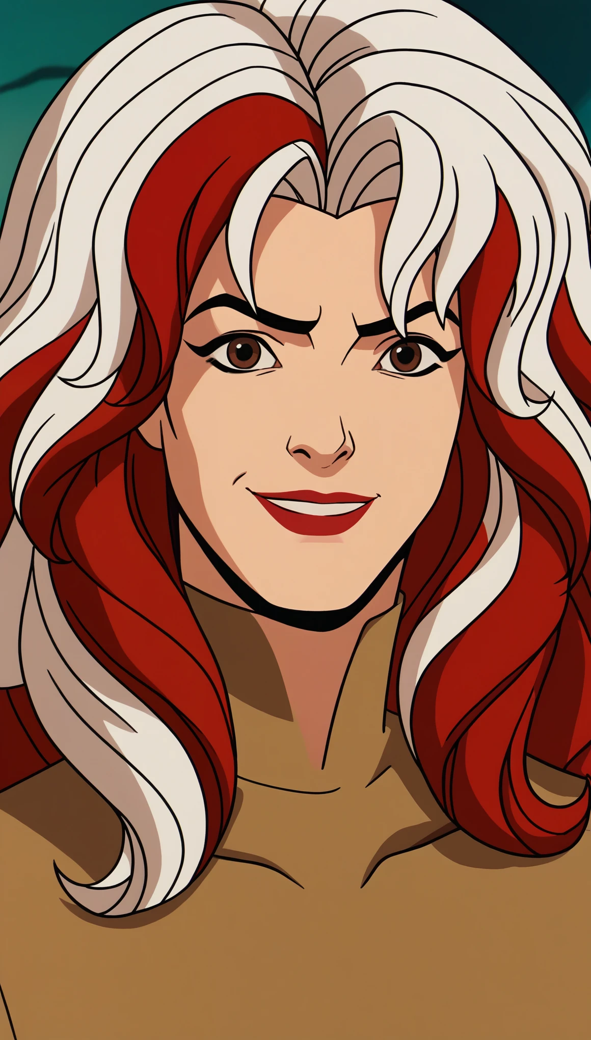 xmen97 style, solo, multicolored hair, 1girl, red hair, red lips, brown eyes, white hair, two-tone hair, smiling, lipstick, long hair, looking at viewer, makeup, portrait, anime coloring, flat color, cel shading, cel shaded, 2d, PonyXLV6_Scores zPDXL, full body 