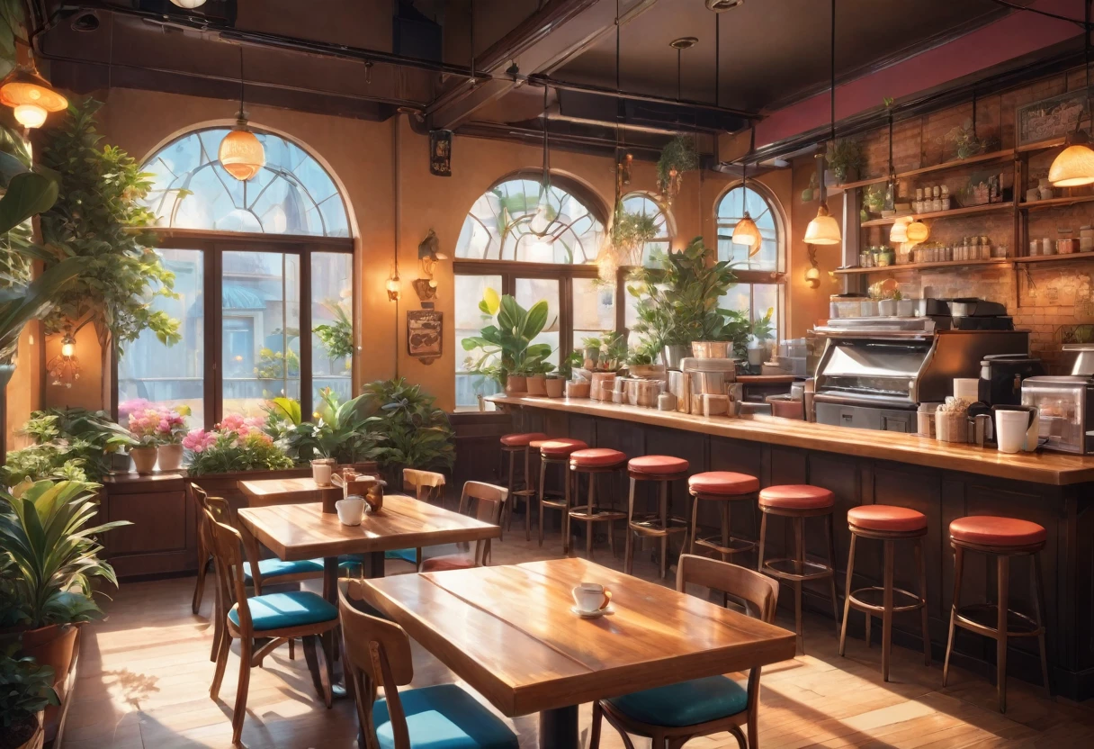 Anime-style, the interior of a coffee shop is illustrated with intricate details and vibrant colors. Delicate steam rises from the hot cappuccino coffee on the table, seats are with soft and colorful cushions, a lot of potted plants, adding to the cozy and inviting atmosphere. Soft lighting casts a warm and beautiful glow over the dreamy scene, it's evening time, making it an ideal place to unwind and escape reality. (Prompt B and C) Anime-style coffee shop interior, hot coffee steaming on the table, creating a cozy, beautiful and dreamy ambiance. (High resolution, 8k) Super detailed anime illustration of a coffee shop interior, showcasing a hot cup of coffee on a table, evoking a warm and cozy