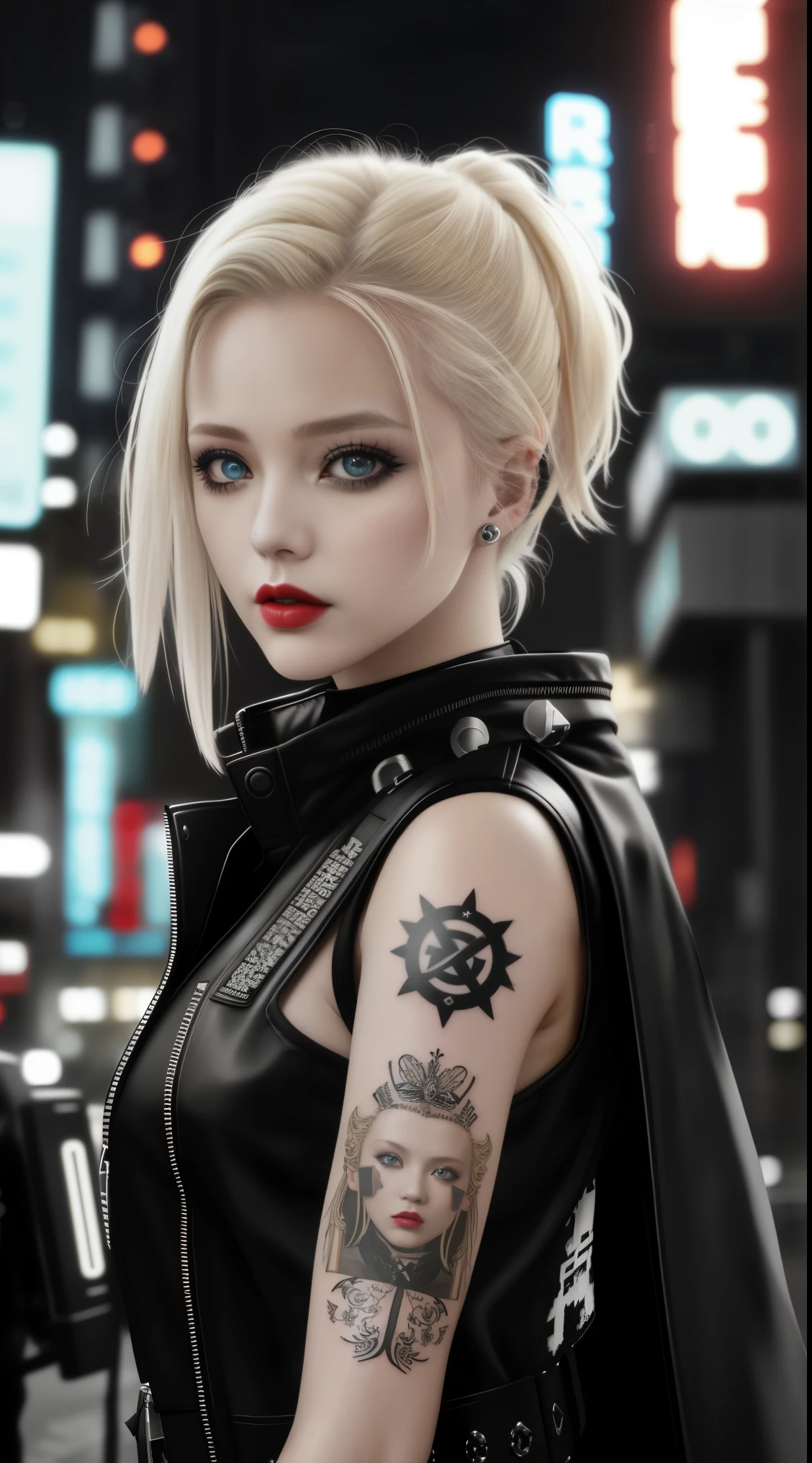 close up shot, a beautiful fashionable Russian fashionable blonde hair, tattered outfit, short, side cut hair, punk outfit, lipstick, Action movie scene, dystopian film scene from Blade Runner, natta, teeming with neon signs, Blade Runner aesthetics, crowded people, Filmkinematographie, Garbage gang, attractive person, great attention to detail, Wear weatherproof equipment, Garbage gang, Tattoos, nattalife, Full of life, Garbage gang, Action film directed by Kon Satoshi, Semi-Meal-Style, Matte painting, Atmospheric, bright, dramatic lighing, beautiful eyes, symmetric eyes, perfect eyes