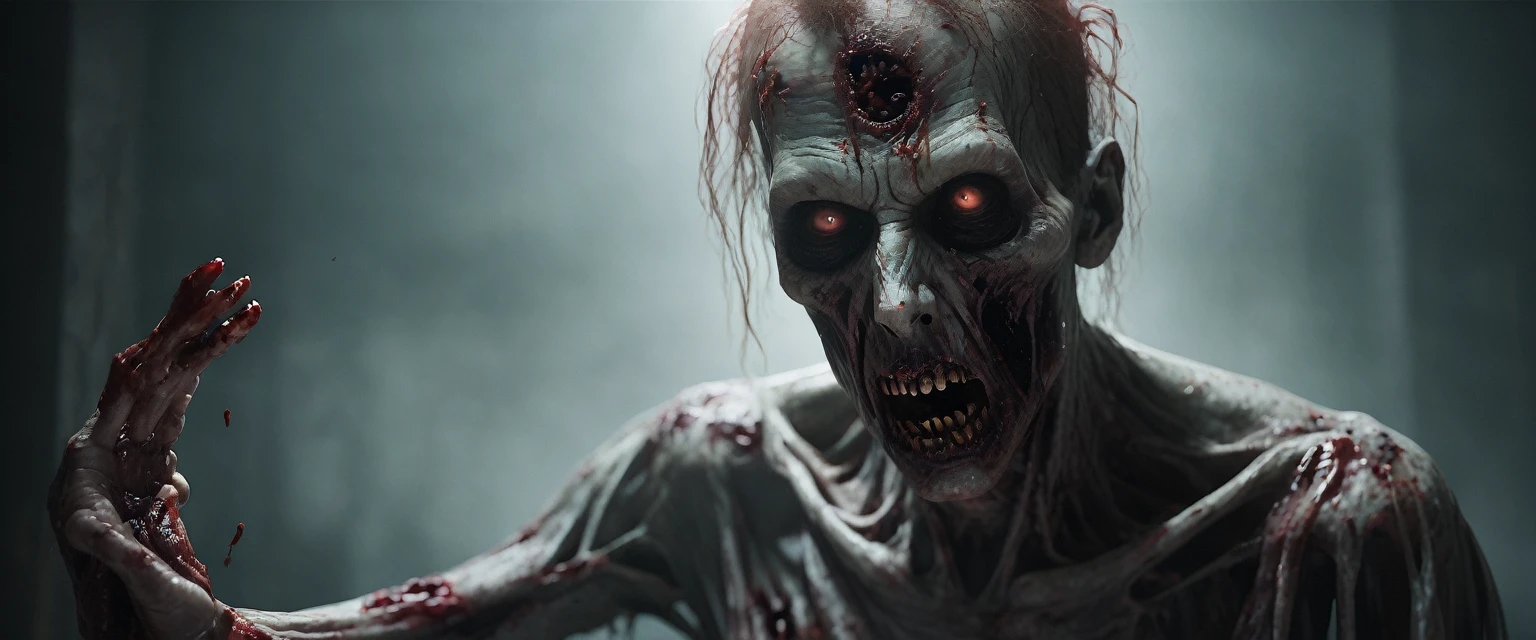 create a realistic scene where a zombie with sinister eyes and exposed wounds on its body is trying to attack a person.