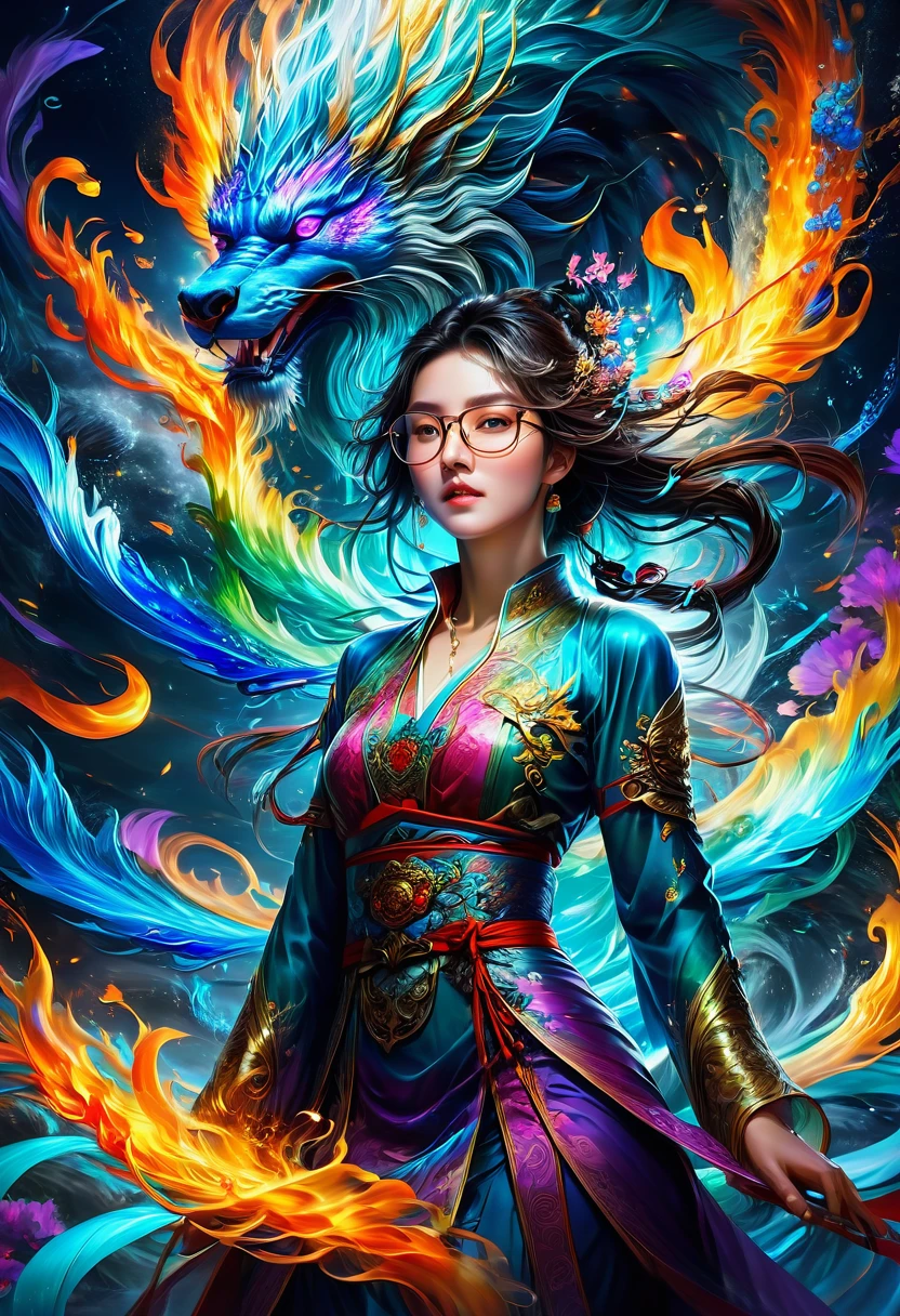 Wearing Glasses, full body, by zhang daqian and Gu_An and Lü_Ji and Zhang Jingna and wenjun lin, dramatic composition, cinematic dynamic action scene, vibrant colors, cinematic lighting, dramatic lighting, best quality, masterpiece, very aesthetic, perfect composition, intricate details, ultra-detailed