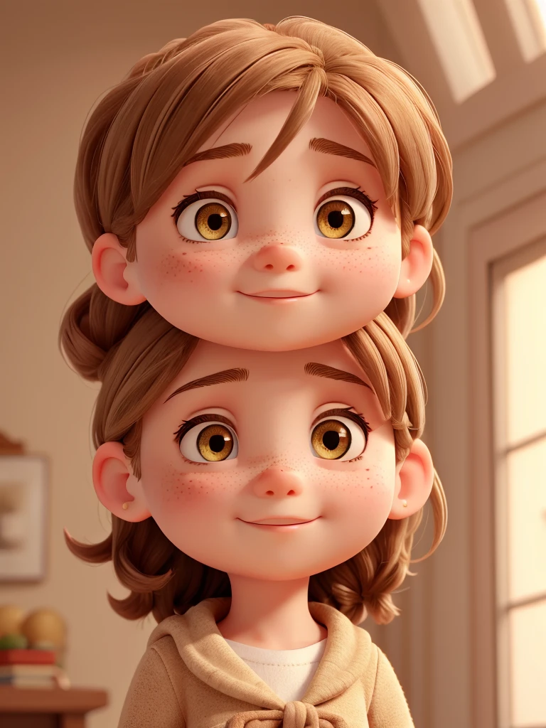 Girl round head and a little childish very effeminate freckles  and elegant clothing beige brown hair
