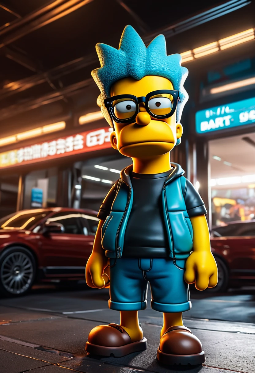 Wearing Glasses, full body, by Bart Simpson, dramatic composition, cinematic dynamic action scene, vibrant colors, cinematic lighting, dramatic lighting, best quality, masterpiece, very aesthetic, perfect composition, intricate details, ultra-detailed