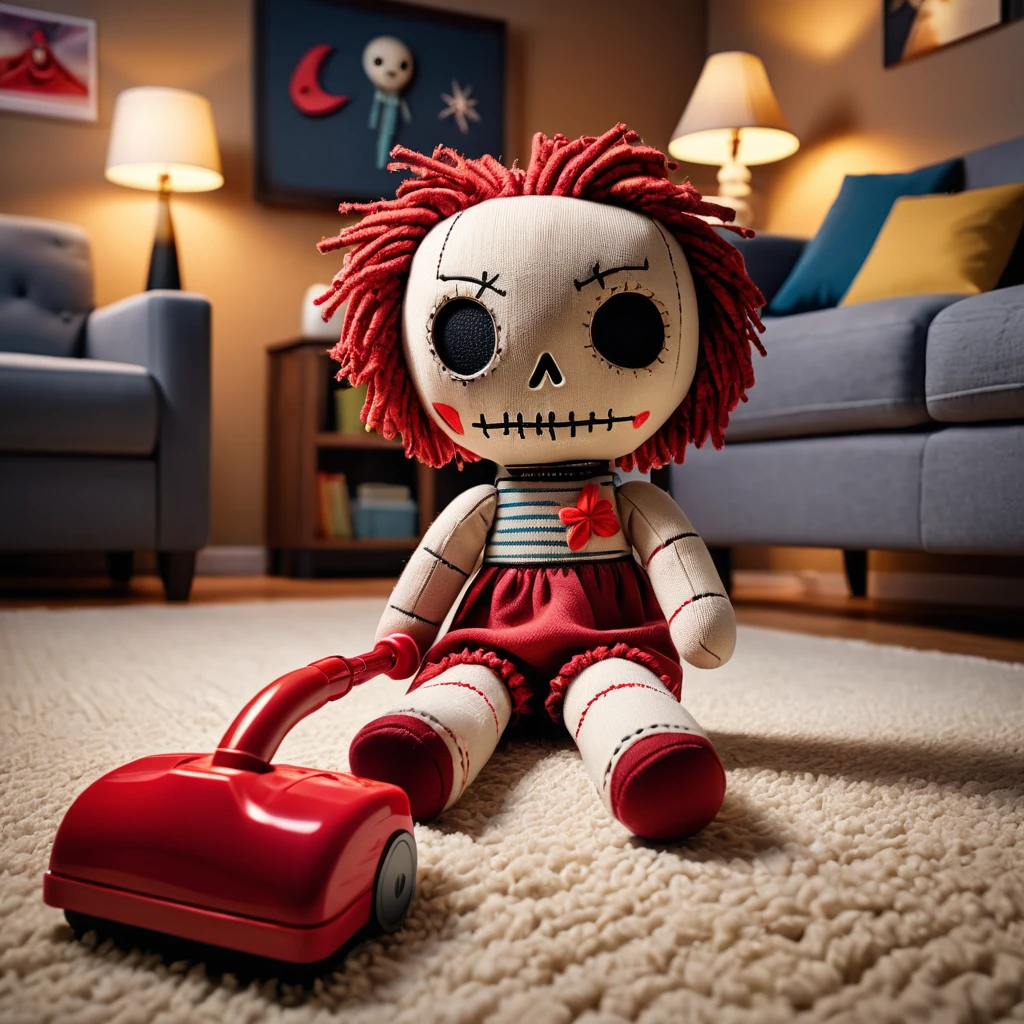 (knitted toy voodoo doll:1.5), (Voodoo Vacuuming:1.3), (Clothing: casual home attire:1.0), (Accessories: vacuum cleaner, dust:1.1), (background: tidy living room with floating dust particles, glowing floors, and clean surfaces:1.2), best quality, masterpiece, detailed soft oil painting, detailed background, dramatic cinematic lighting, soft edge lighting, professional, dramatic lighting, hard edge lighting, ultra quality, 4k,masterpiece, best quality, 8k, ultra highres, highres, extremely detailed