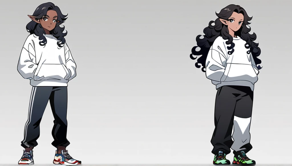 anime art style, dark elf, African skin, black hair, Curly hair, long hair, black eyes, ((man)), athletic body, Black jeans, white sweatshirt, hands in pockets and gradient sneakers, full body