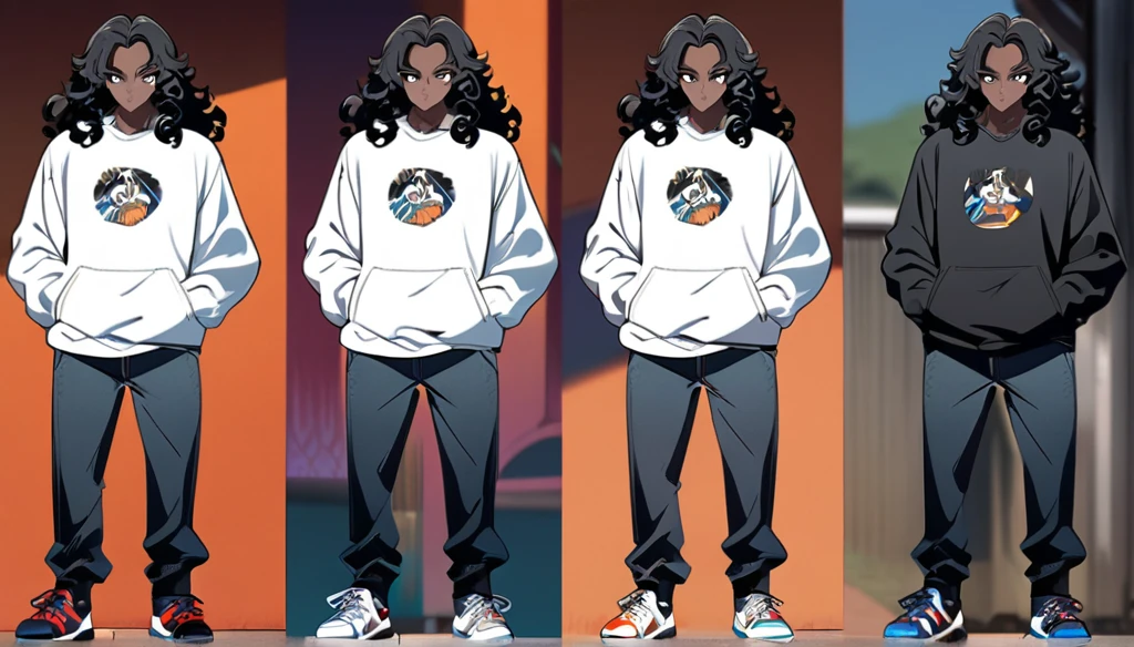 anime art style, dark elf, African skin, black hair, Curly hair, long hair, black eyes, ((man)), athletic body, Black jeans, white sweatshirt, hands in pockets and gradient sneakers, full body