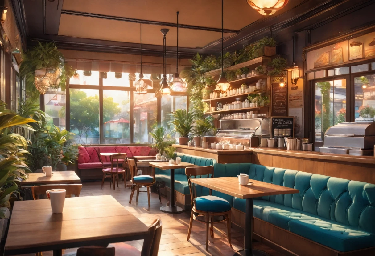 Anime-style, the interior of a coffee shop is illustrated with intricate details and vibrant colors. Delicate steam rises from the hot cappuccino coffee on the table, seats are with soft and colorful cushions, a lot of potted plants, adding to the cozy and inviting atmosphere. Soft lighting casts a warm and beautiful glow over the dreamy scene, it's evening time, making it an ideal place to unwind and escape reality. (Prompt B and C) Anime-style coffee shop interior, hot coffee steaming on the table, creating a cozy, beautiful and dreamy ambiance. (High resolution, 8k) Super detailed anime illustration of a coffee shop interior, showcasing a hot cup of coffee on a table, evoking a warm and cozy