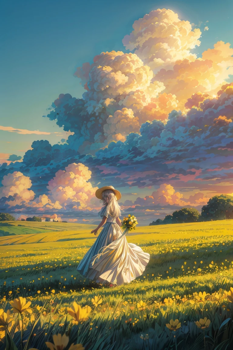 wide angle view, an image of two girls standing in a field full of yellow flowers, the girl is running towards the other girl, they are both wearing white dresses, with wide brims, under a large and soft cloud,  yellow flowers and sunlight to create a feeling of warmth and happiness, pastel colors, peaceful, Art style should be inspired by anime, soft sunshine, anime, 8k