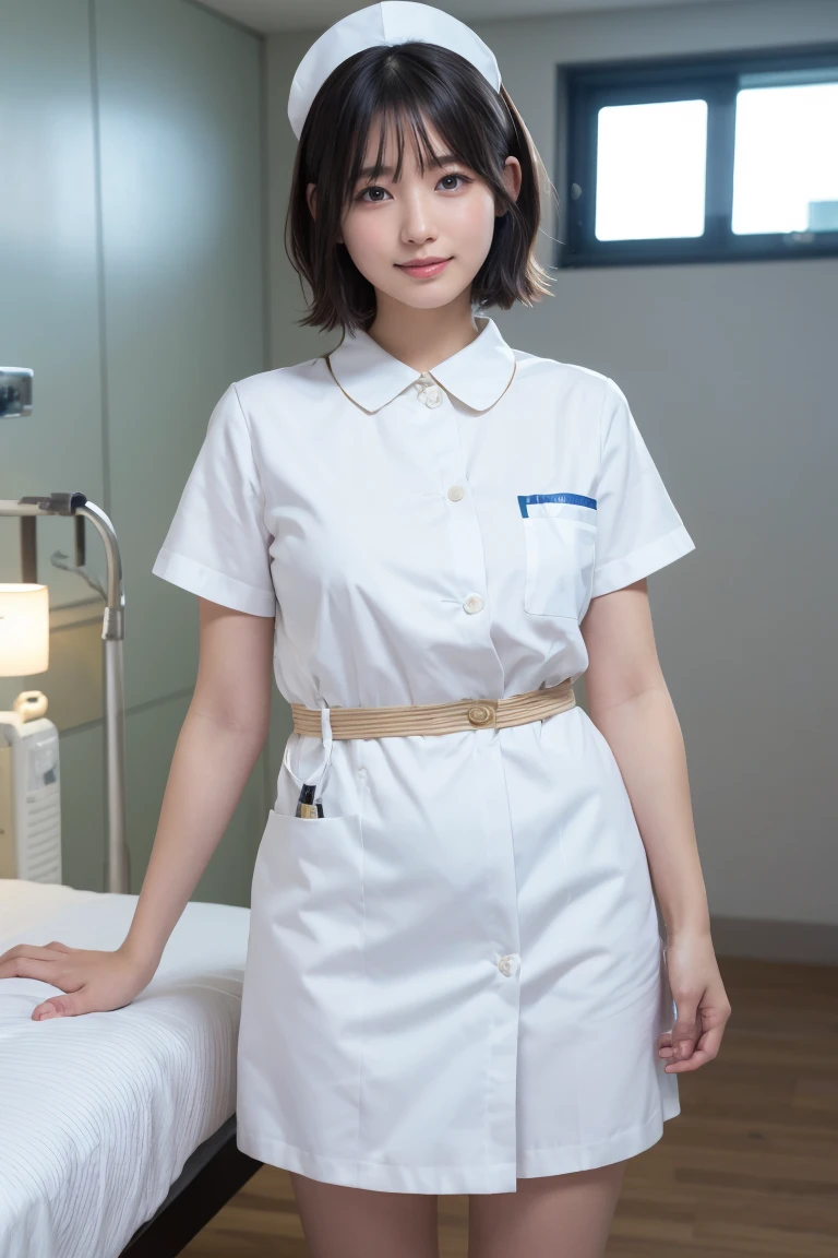 1 Girl,(Wearing white nurse clothes:1.2),(RAW Photos, Highest quality), (Realistic, photo-Realistic:1.4), masterpiece, Very delicate and beautiful, Very detailed, 2k wallpaper, wonderful, finely, Very detailed CG unity 8k wallpaper, Very detailedな, High resolution, Soft Light, Beautiful detailed girl, Very detailed eyes and face, Beautiful and detailed nose, finely beautiful eyes, nurse, Perfect Anatomy, Black Hair, Upstyle, nurse uniform,  Long skirt, nurse, White costume, thin, hospital, clear, White Uniform, hospital room, Neck auscultation,Bobcut、Flip up the skirt、20th Generation、smile、I have a  on my face、There&#39;s liquid on my face、There&#39;s liquid on my face、There&#39;s liquid on my face、Semen is on my face.
