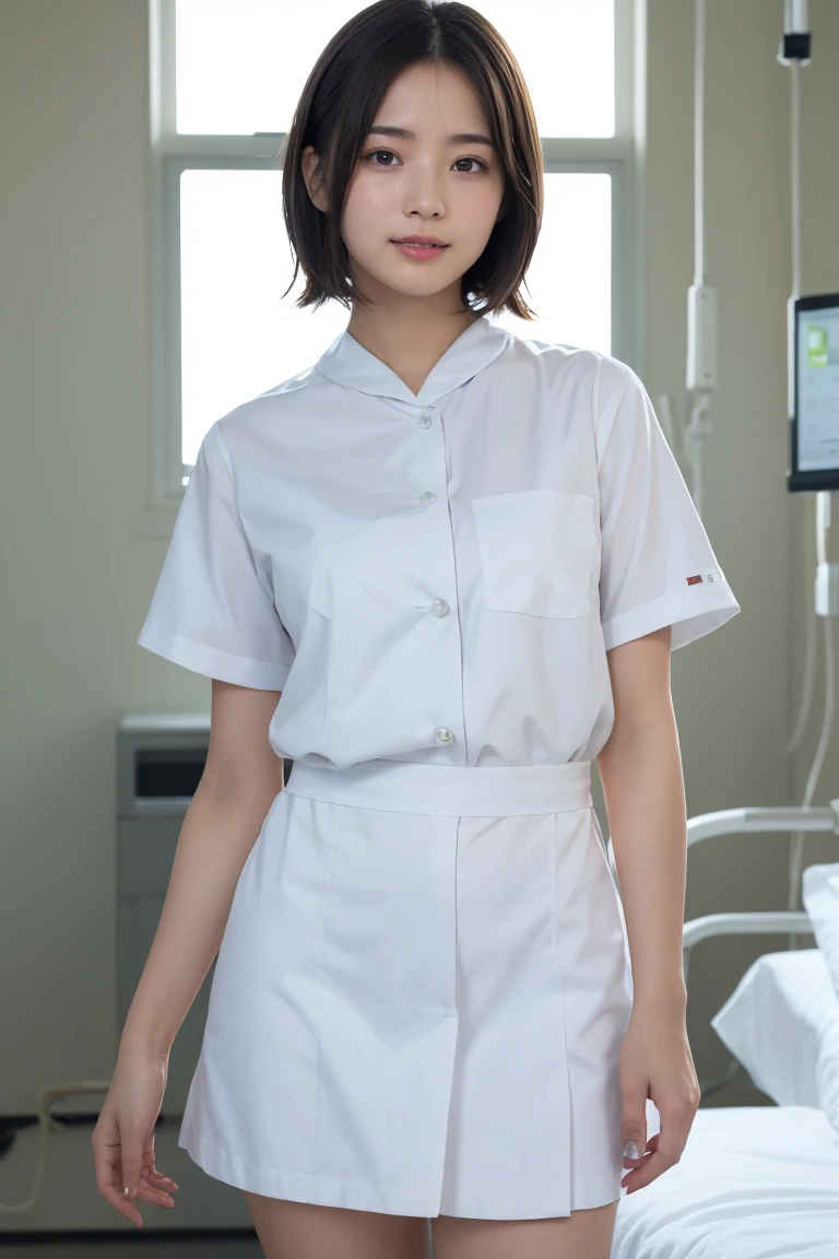 1 Girl,(Wearing white nurse clothes:1.2),(RAW Photos, Highest quality), (Realistic, photo-Realistic:1.4), masterpiece, Very delicate and beautiful, Very detailed, 2k wallpaper, wonderful, finely, Very detailed CG unity 8k wallpaper, Very detailedな, High resolution, Soft Light, Beautiful detailed girl, Very detailed eyes and face, Beautiful and detailed nose, finely beautiful eyes, nurse, Perfect Anatomy, Black Hair, Upstyle, nurse uniform,  Long skirt, nurse, White costume, thin, hospital, clear, White Uniform, hospital room, Neck auscultation,Bobcut、Flip up the skirt、20th Generation、smile、I have a  on my face、There&#39;s liquid on my face、There&#39;s liquid on my face、There&#39;s liquid on my face、Semen is on my face.