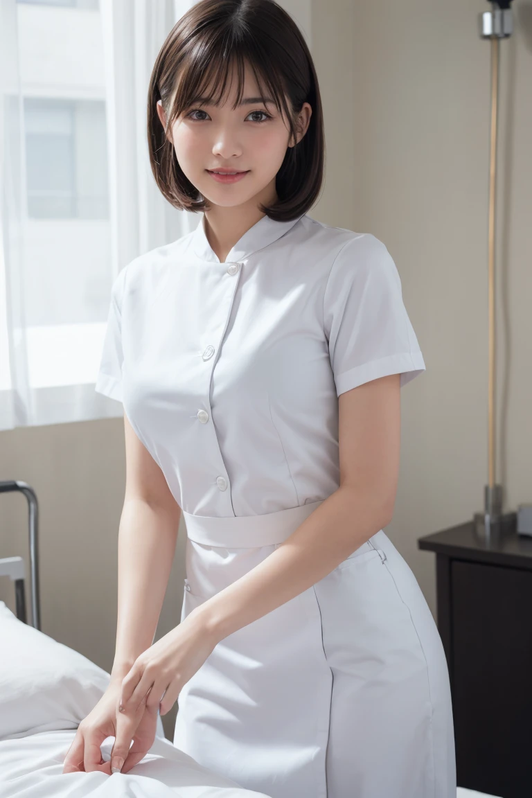 1 Girl,(Wearing white nurse clothes:1.2),(RAW Photos, Highest quality), (Realistic, photo-Realistic:1.4), masterpiece, Very delicate and beautiful, Very detailed, 2k wallpaper, wonderful, finely, Very detailed CG unity 8k wallpaper, Very detailedな, High resolution, Soft Light, Beautiful detailed girl, Very detailed eyes and face, Beautiful and detailed nose, finely beautiful eyes, nurse, Perfect Anatomy, Black Hair, Upstyle, nurse uniform,  Long skirt, nurse, White costume, thin, hospital, clear, White Uniform, hospital room, Neck auscultation,Bobcut、Flip up the skirt、20th Generation、smile、I have a  on my face、There&#39;s liquid on my face、There&#39;s liquid on my face、There&#39;s liquid on my face、Semen is on my face.