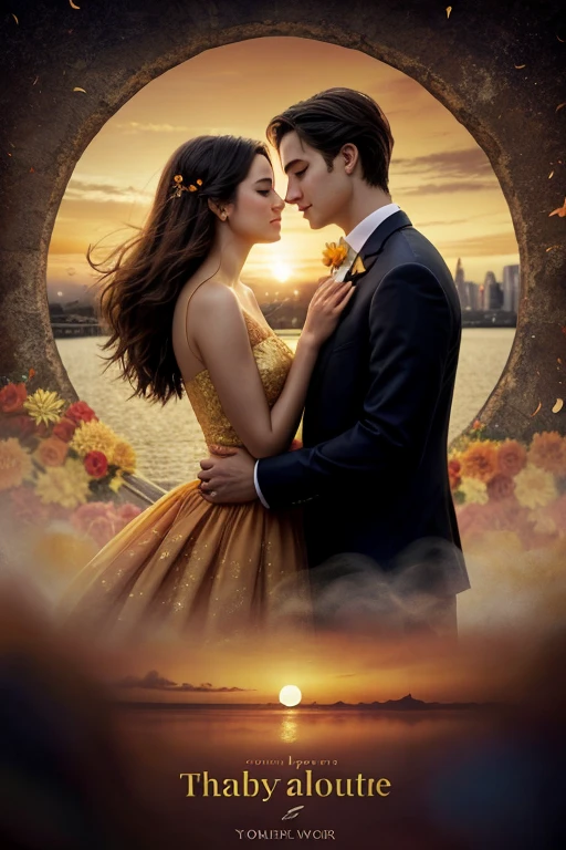- A blurred background with warm colors like orange and gold, evoking a sunset.
- In the middle, a silhouette of a couple hugging, surrounded by flowers and petals floating in the air, suggesting fragrances.
- Maybe some elements like old perfume bottles or a city in the background to give a romantic and nostalgic touch.
- The title in an elegant, cursive font, with a texture reminiscent of an old romance book.