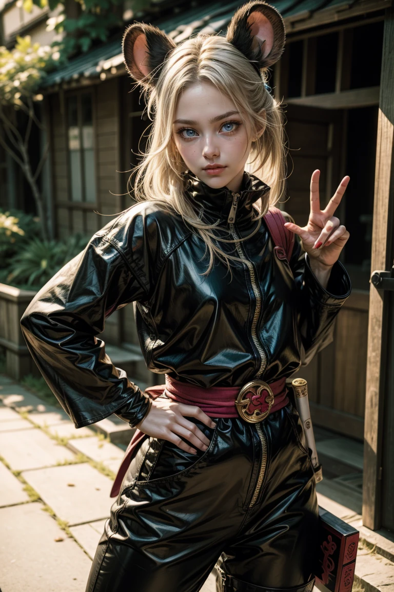 Sexy ninja girl in blue outfit with mouse ears, with a katana, and naruto jutsu hand sign
